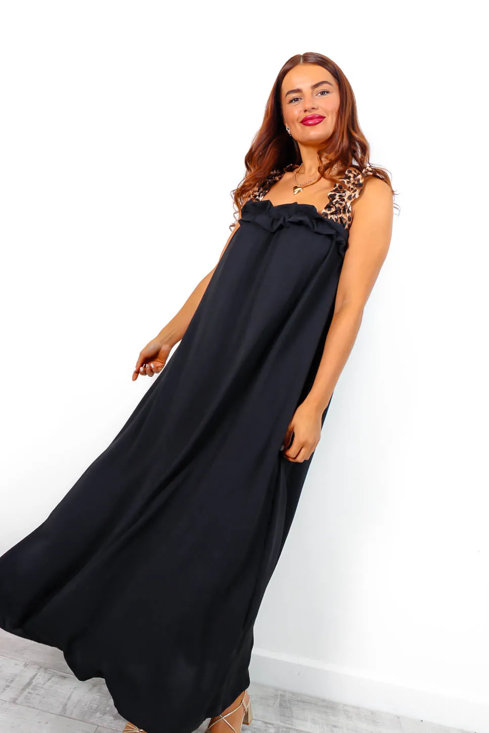 A Hint Of Wild - Black Leopard Strap Maxi Dress