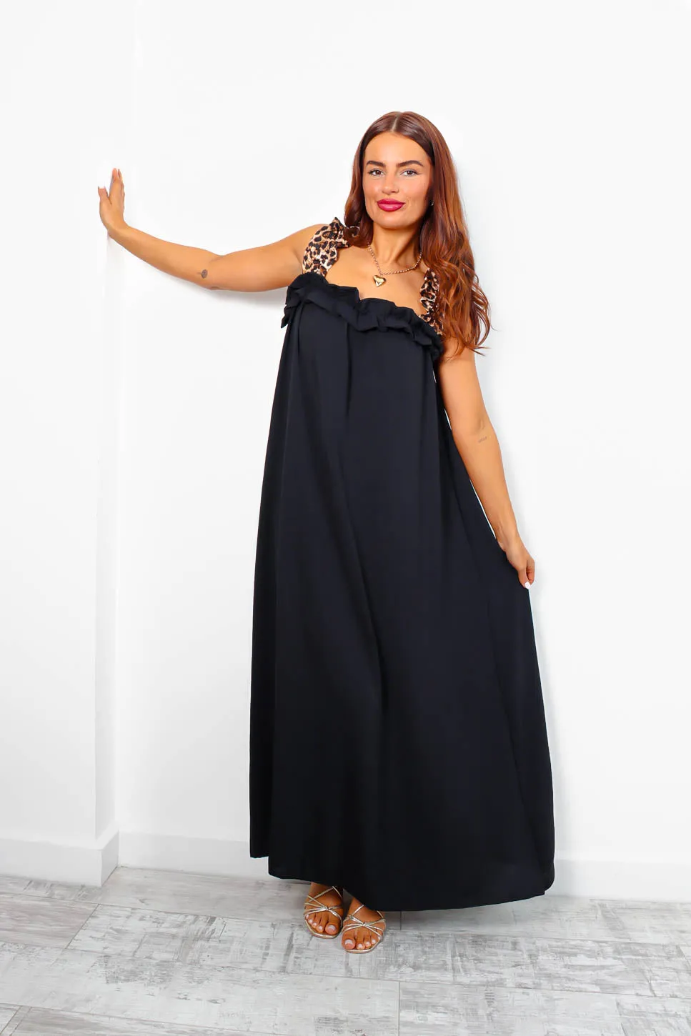 A Hint Of Wild - Black Leopard Strap Maxi Dress