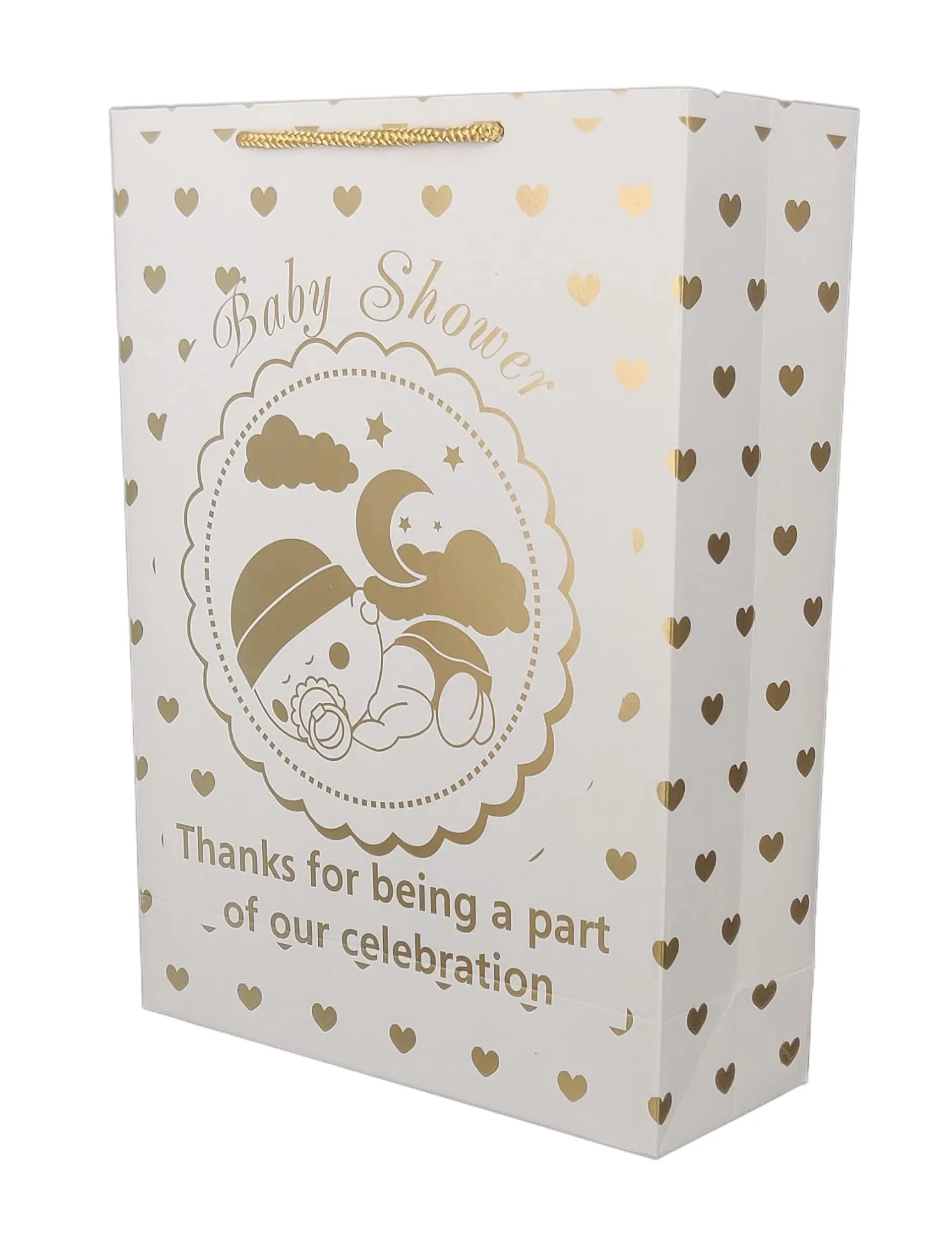 Arrow Paper Products Golden Hearts Paper Gift Bags for Baby Shower Return Gift, Small Presents (White, 20.32 x 7.62 x 27.94 cm) Pack of 40