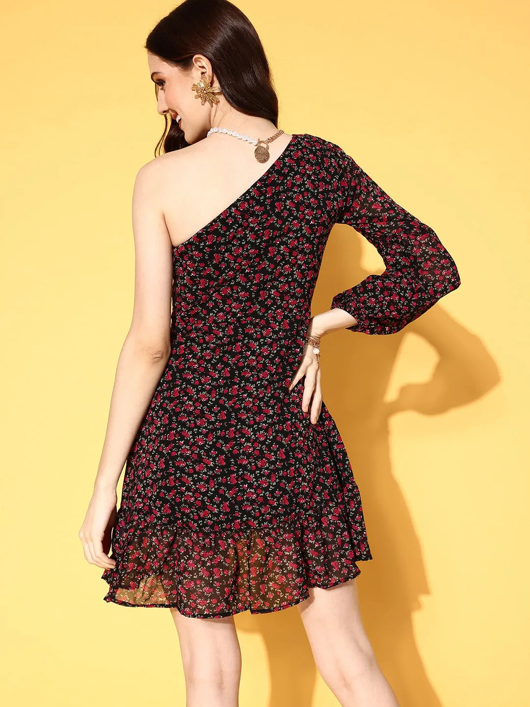 Berrylush Women Black & Red Floral Printed One-Shoulder Neck Tulip Ruffled A-Line Mini Dress