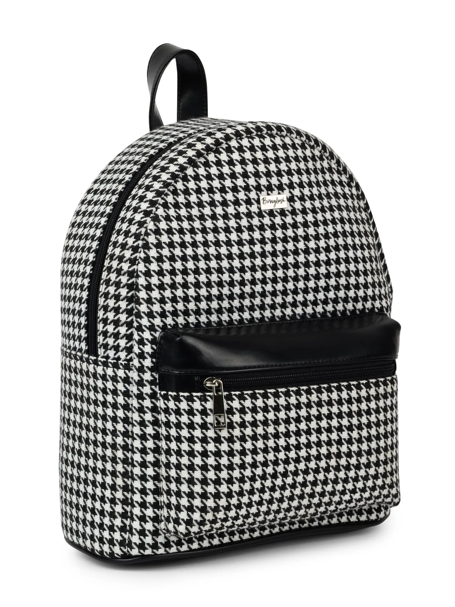 Berrylush Women Black & White Houndstooth Printed PU Padded Shoulder Strap Zipper Backpack