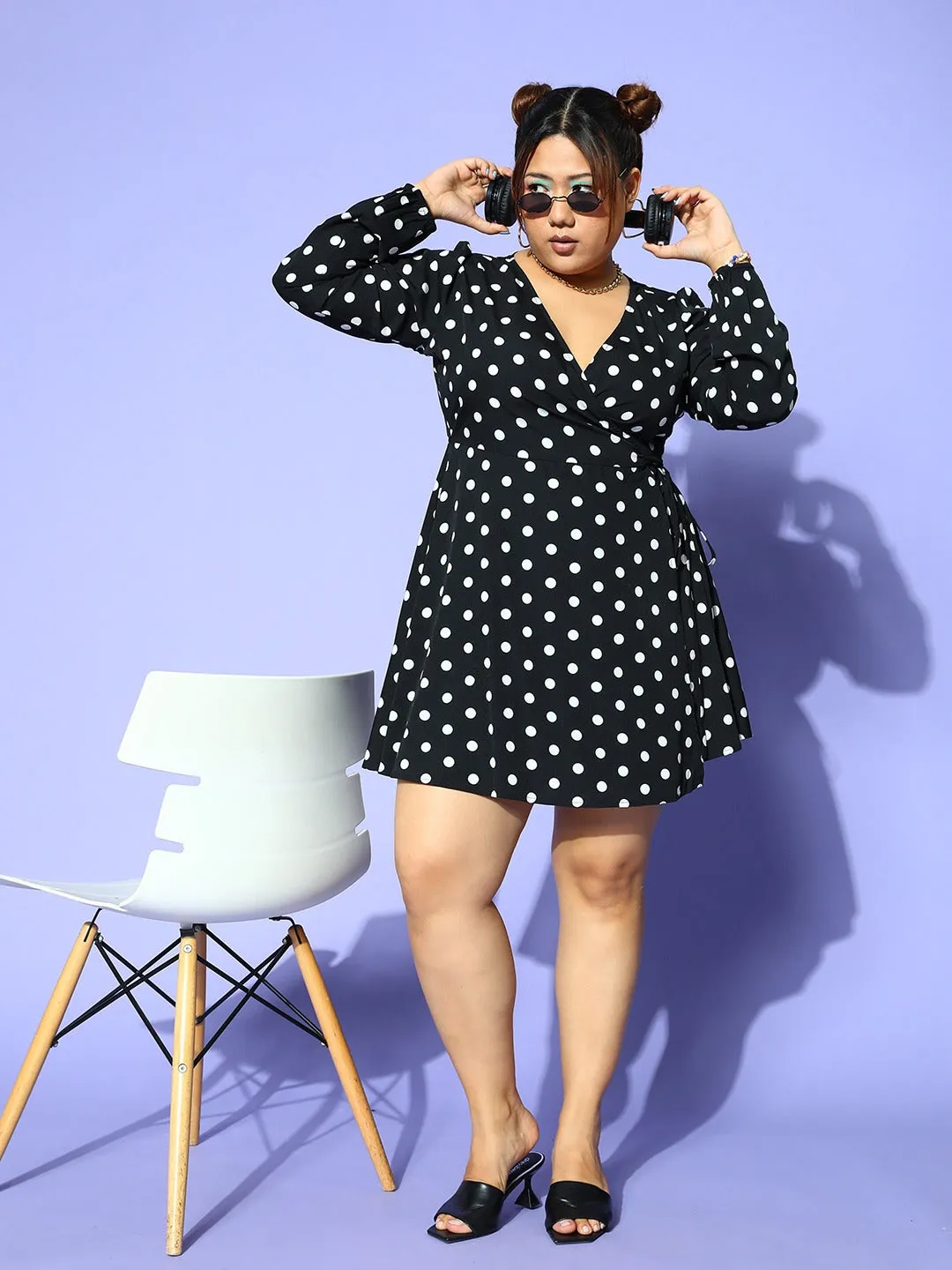 Berrylush Women Plus Size Black & White Polka Dot Printed V-Neck Waist Tie-Up Crepe Flared Wrap Mini Dress