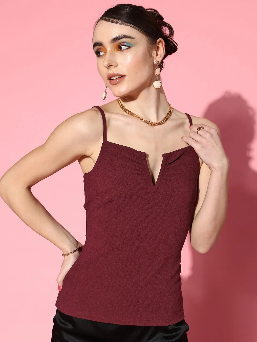 Berrylush Women Solid Maroon V-Neck Sleeveless Crepe Fitted Regular Top