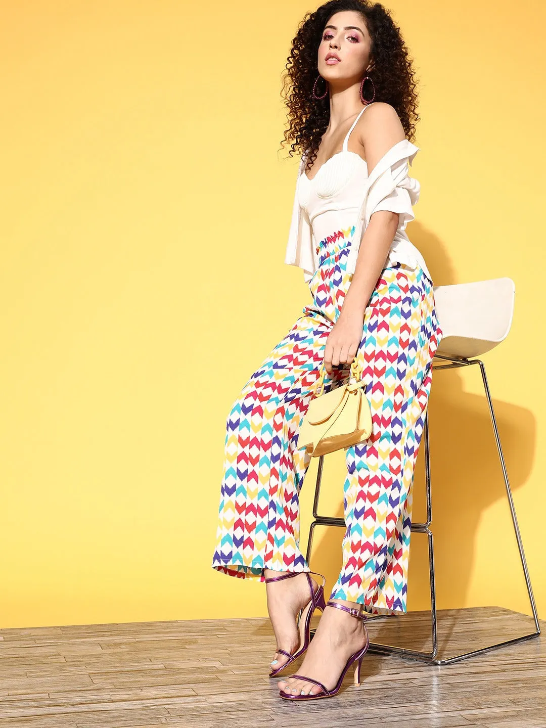 Berrylush Women White & Multicolour Geometric Printed High-Rise Waist Pleated Regular Trousers