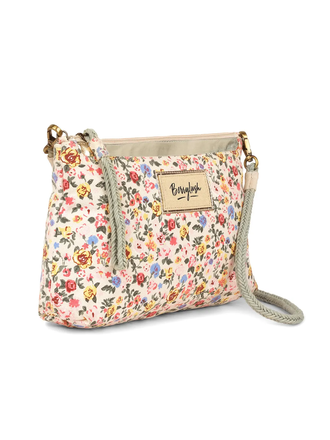 Berrylush Women White Floral Printed Canvas Detachable Sling Strap Small Clutch/Sling Bag