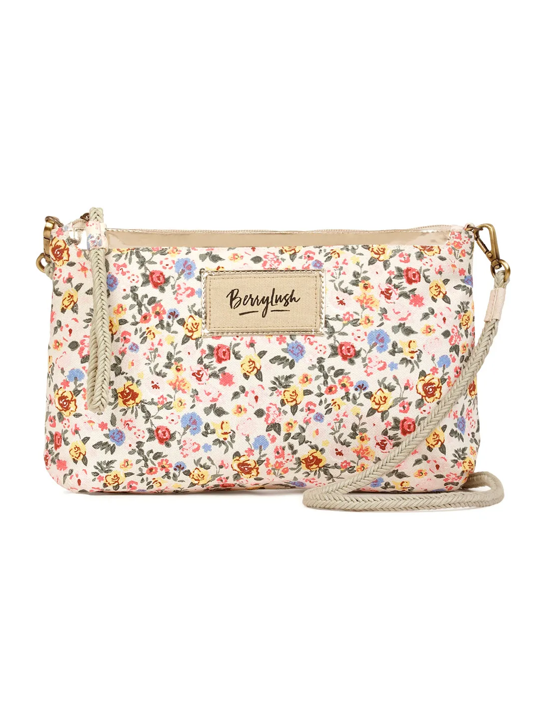 Berrylush Women White Floral Printed Canvas Detachable Sling Strap Small Clutch/Sling Bag