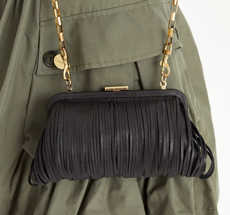 Black Fringed Leather Crossbody Clutch