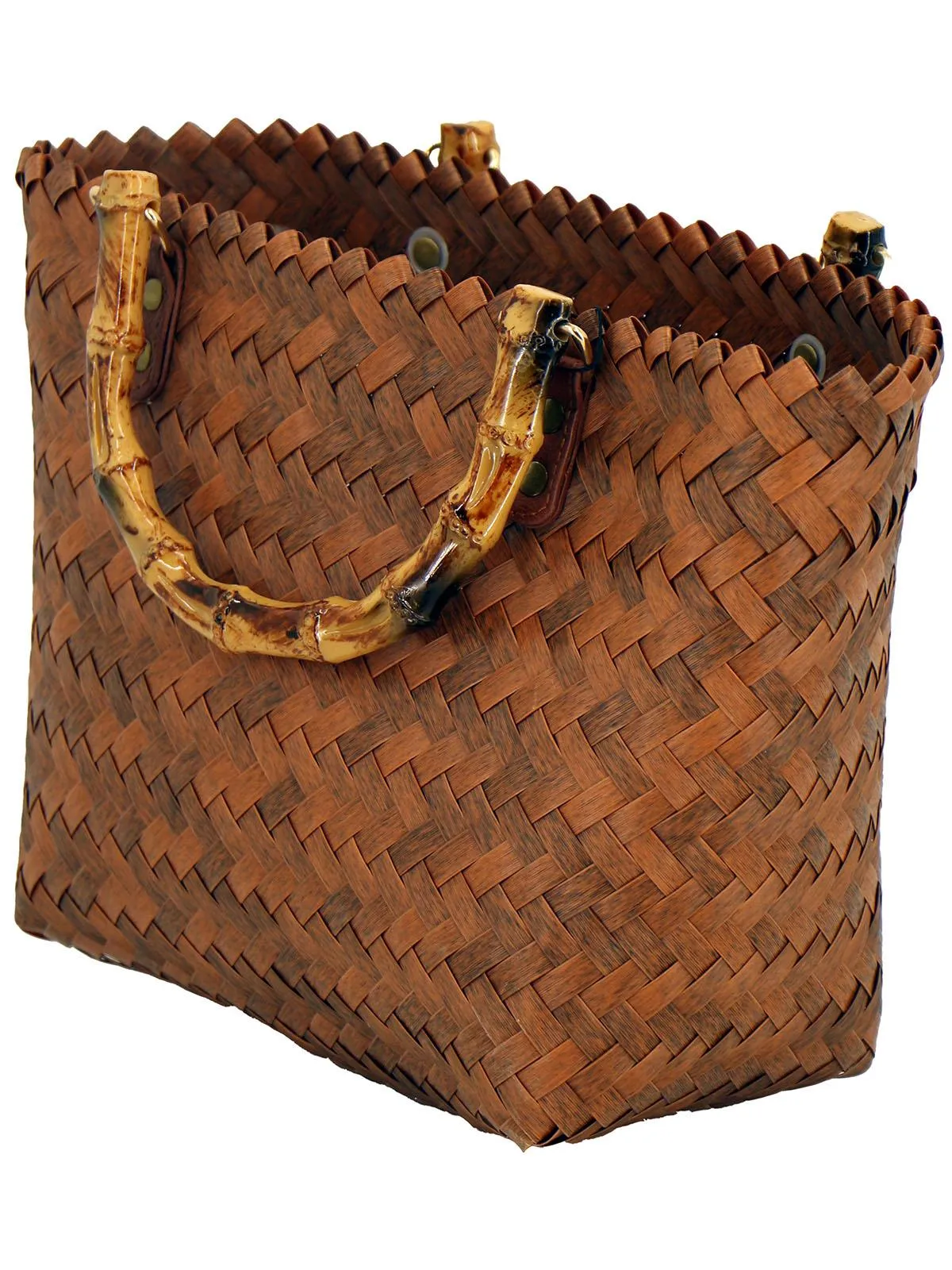 Brown Straw Basket Bag with Bamboo Handle