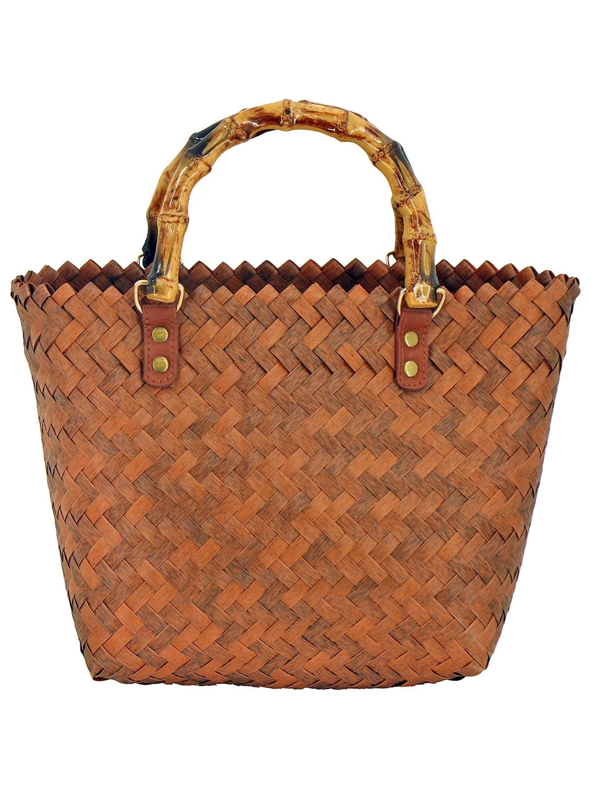 Brown Straw Basket Bag with Bamboo Handle