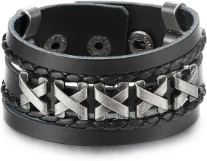 COOLSTEELANDBEYOND Rock Punk, Mens Black Leather Wristband Bracelet Cross Charm, Leather Wristband Bangle, Wrap Bracelet