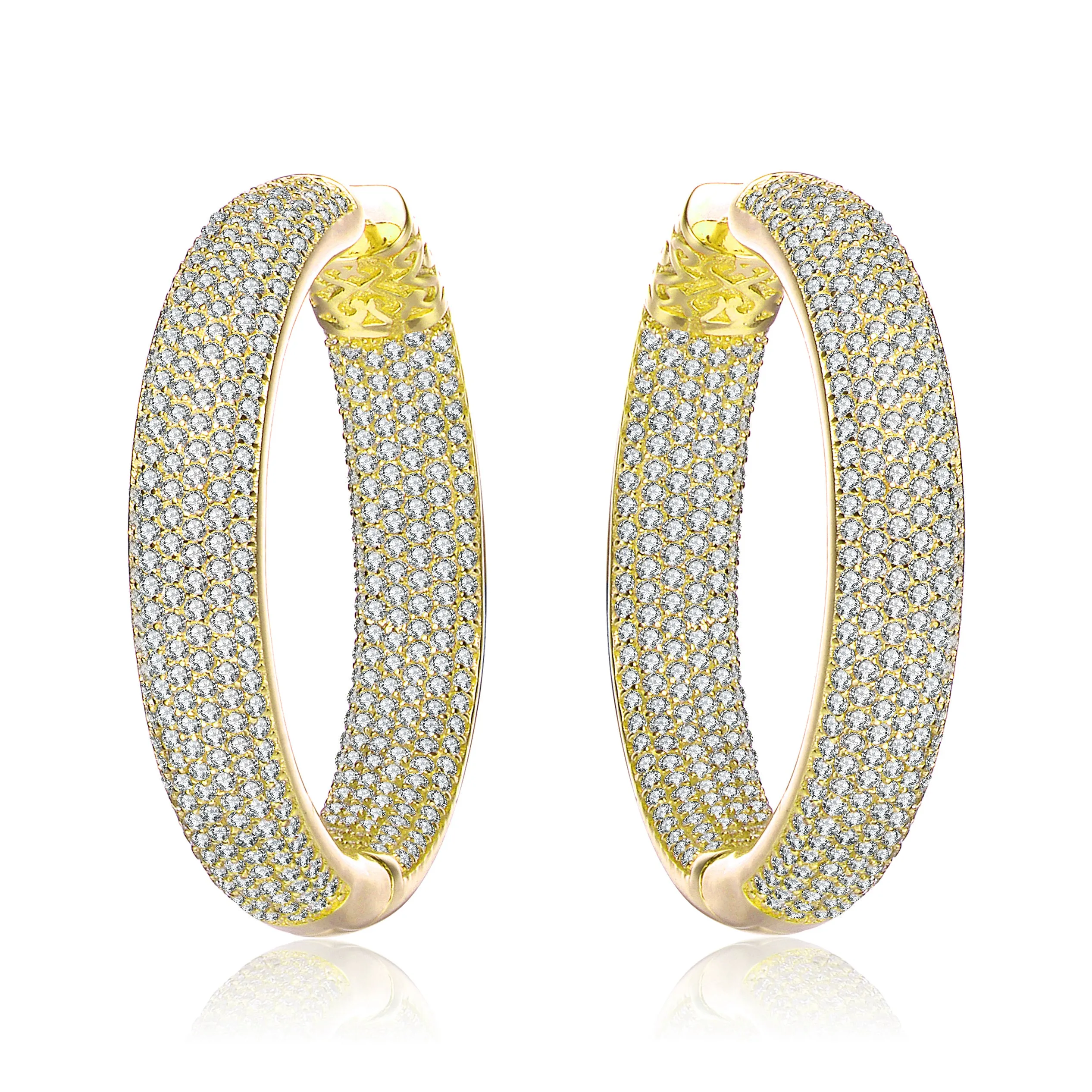 Cubic Zirconia 10-Row French Pave Inside Out Large Tubular Hoop Earrings