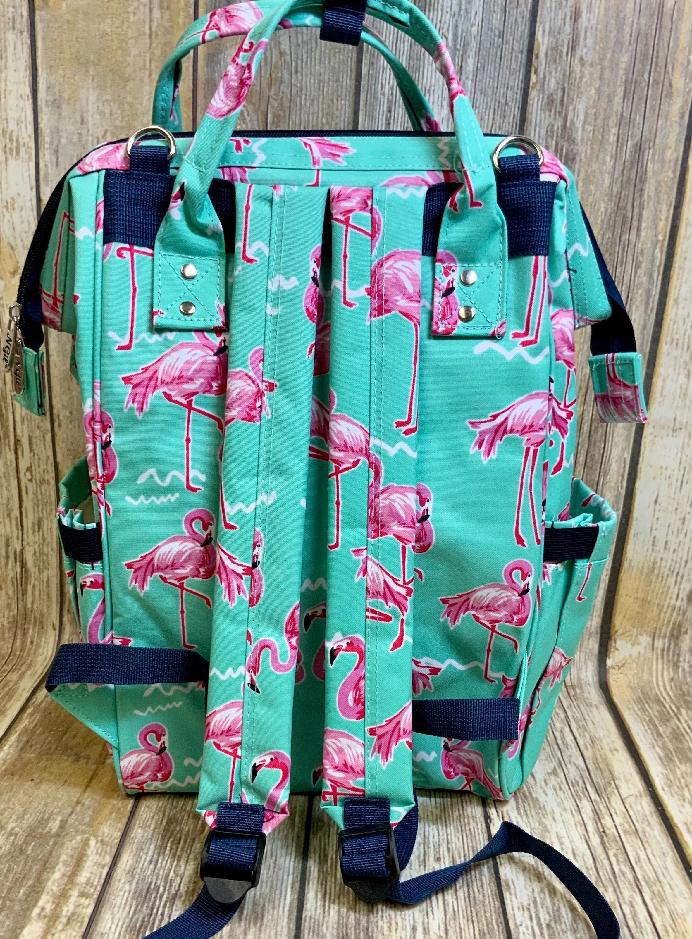 Flamingo Dance on Mint with Navy Trim