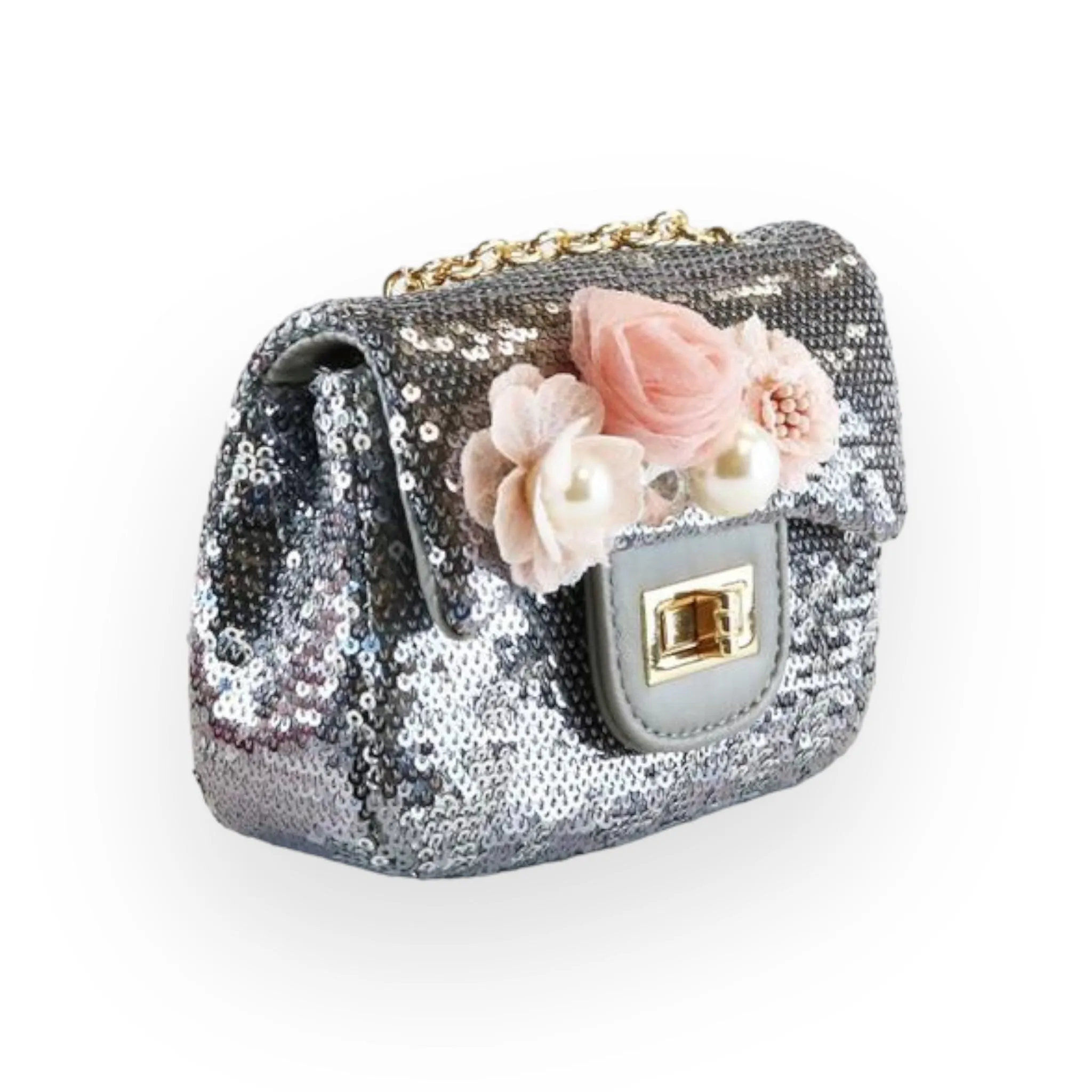 Floral Appliques Sequin Purse - Pewter