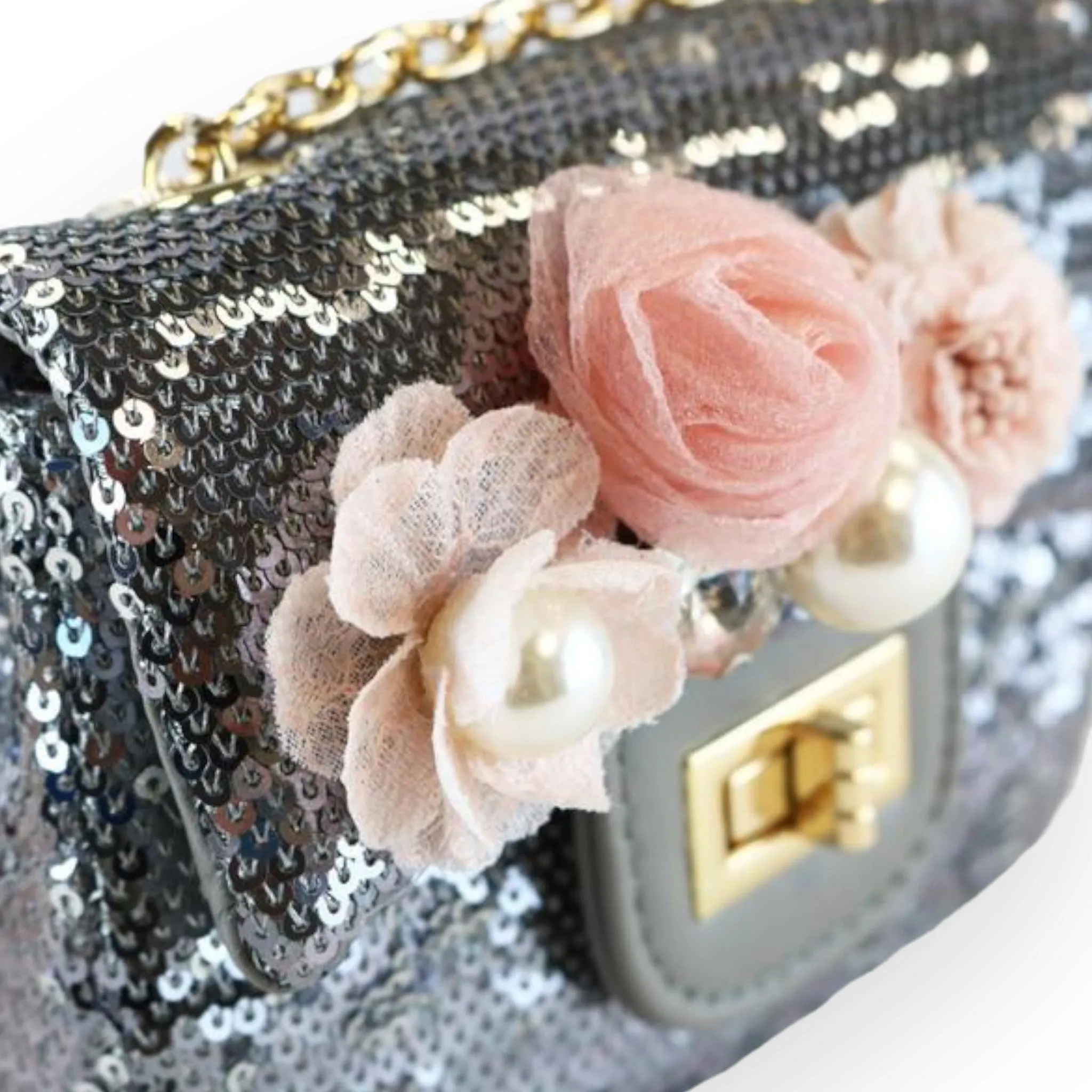 Floral Appliques Sequin Purse - Pewter