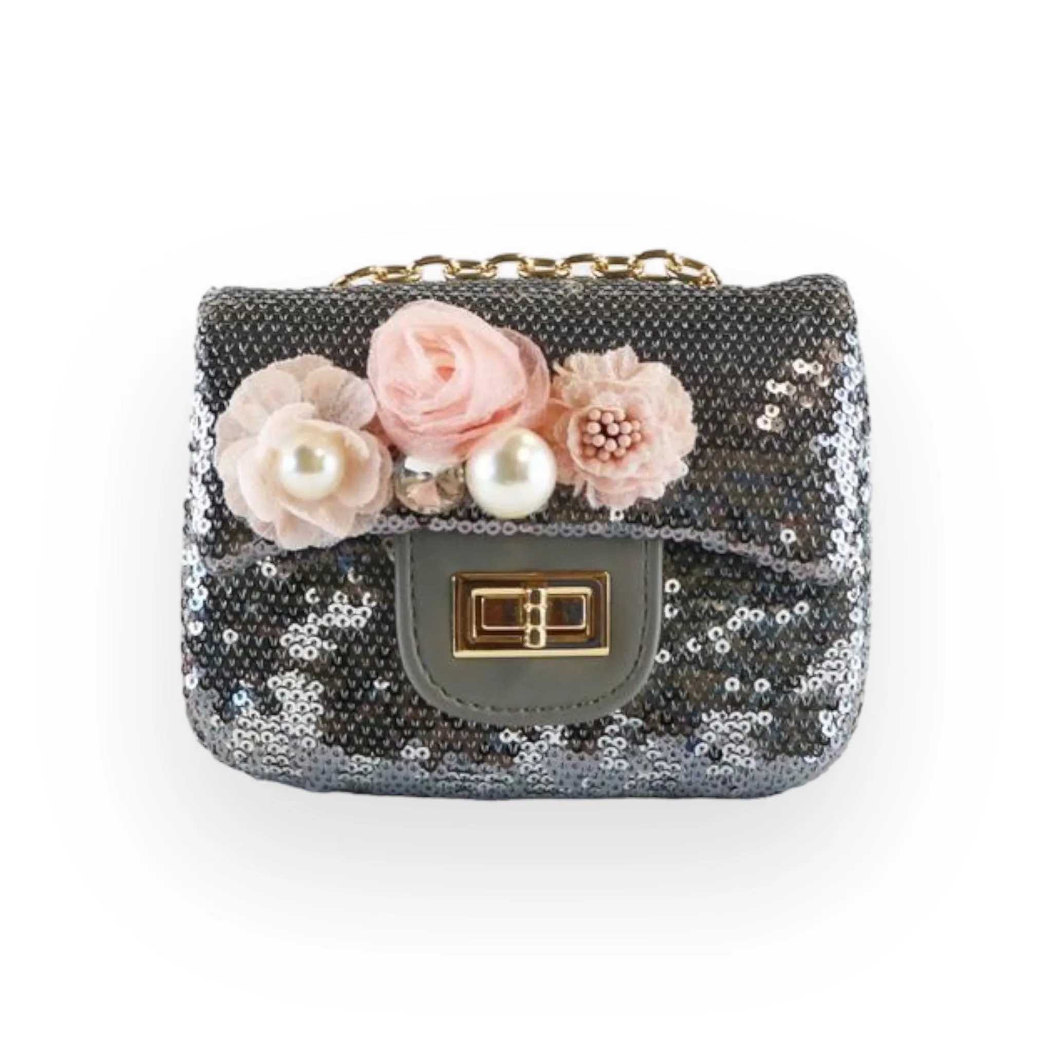 Floral Appliques Sequin Purse - Pewter