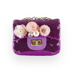 Floral Appliques Sequin Purse - Purple