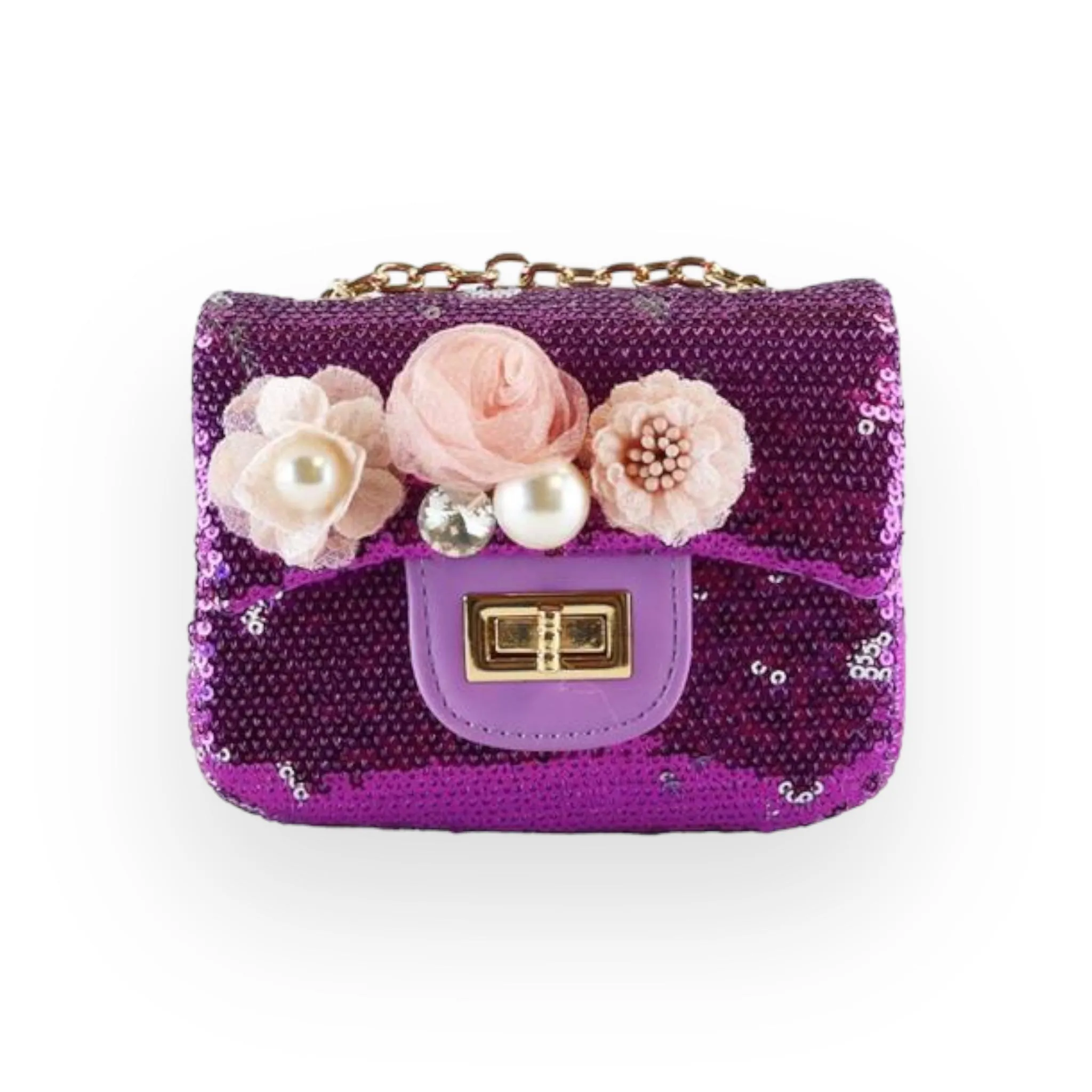 Floral Appliques Sequin Purse - Purple