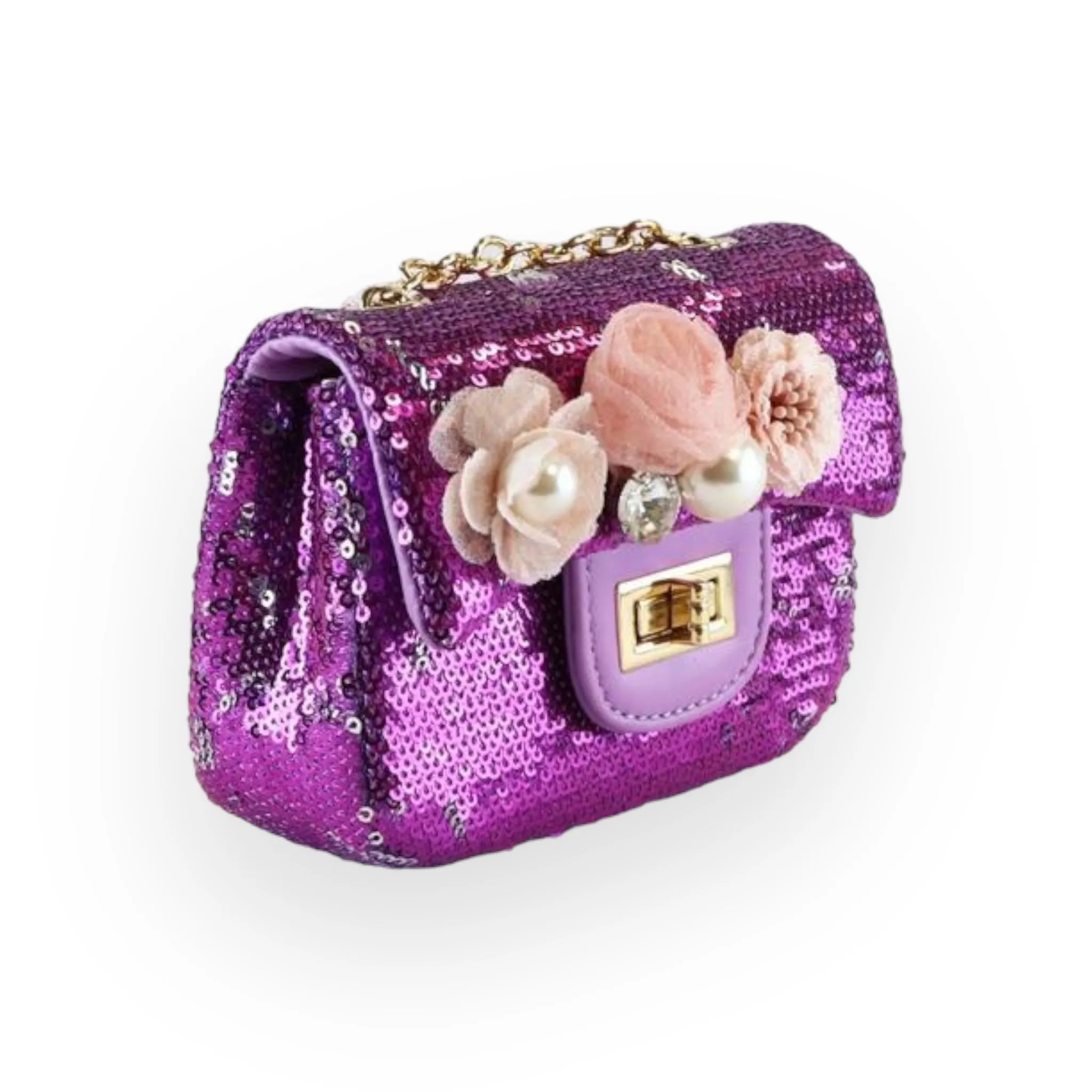 Floral Appliques Sequin Purse - Purple