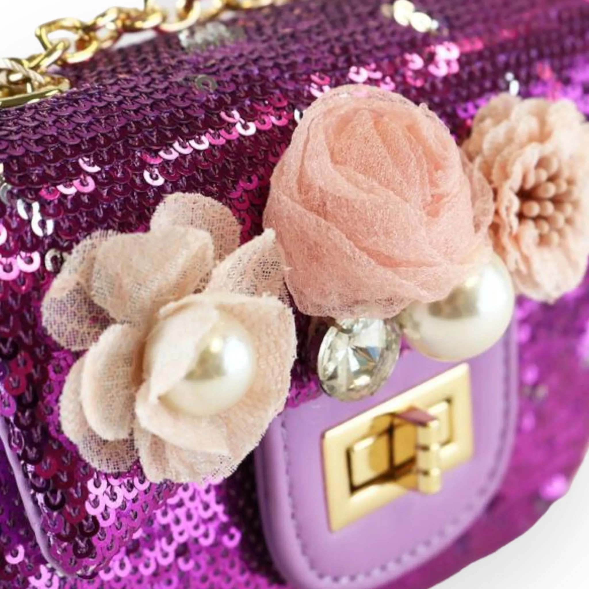 Floral Appliques Sequin Purse - Purple