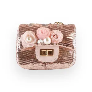 Floral Appliques Sequin Purse - Rose Gold