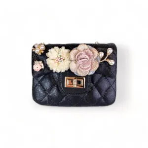 Floral Shiny Quilted Purse - Black