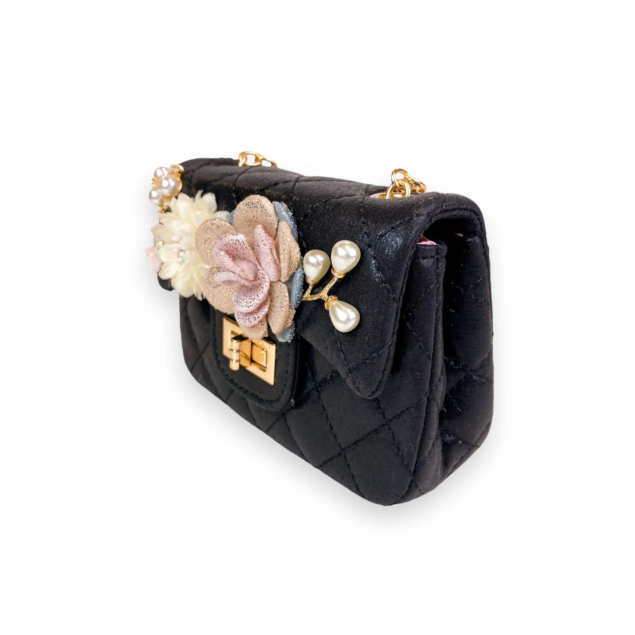 Floral Shiny Quilted Purse - Black