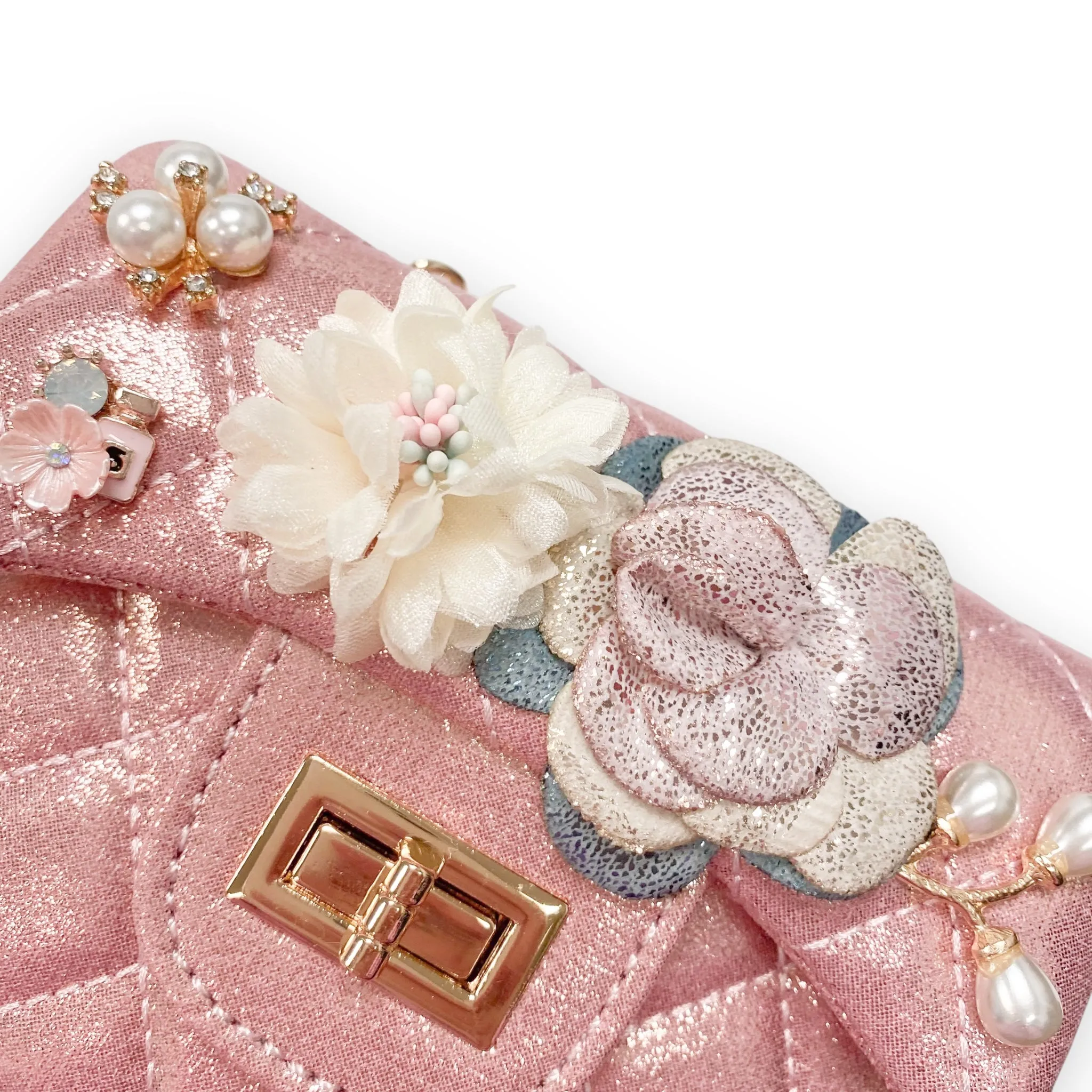 Floral Shiny Quilted Purse - Bubblegum