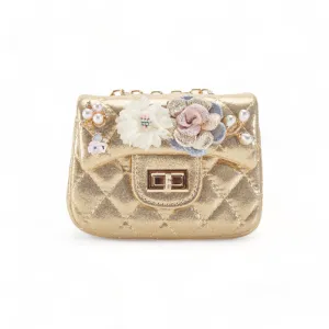 Floral Shiny Quilted Purse - Gold