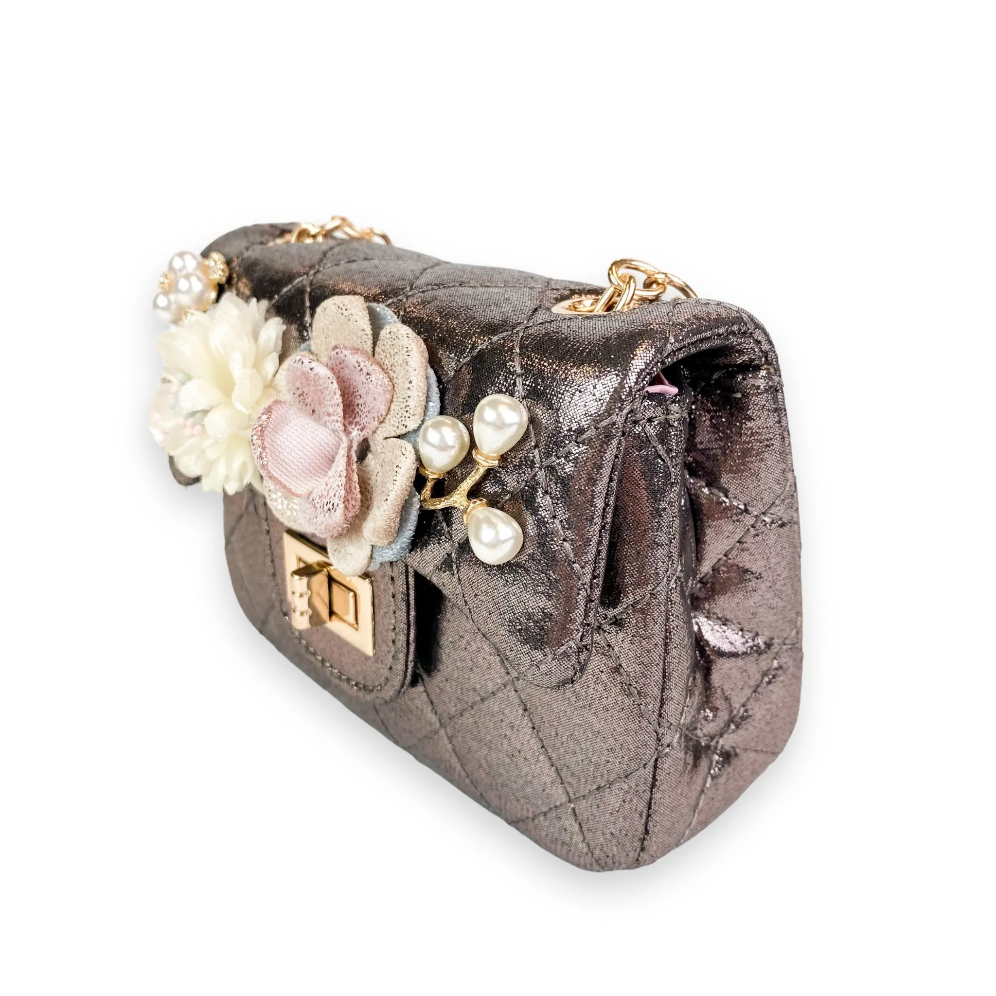 Floral Shiny Quilted Purse - Pewter