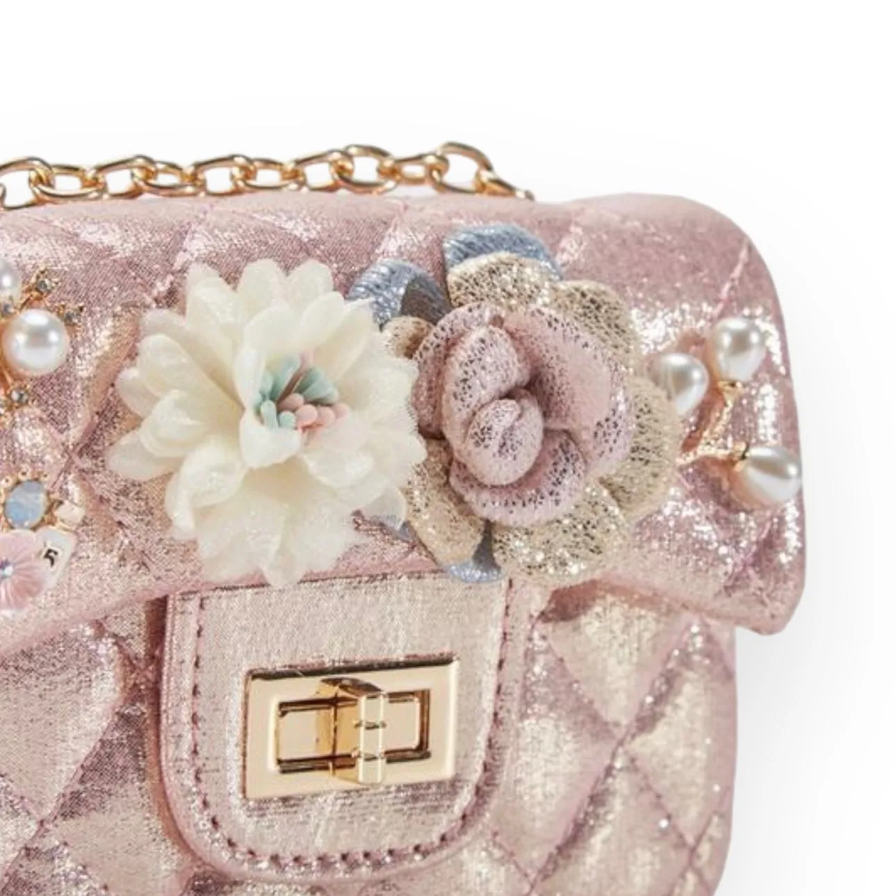 Floral Shiny Quilted Purse - Pink