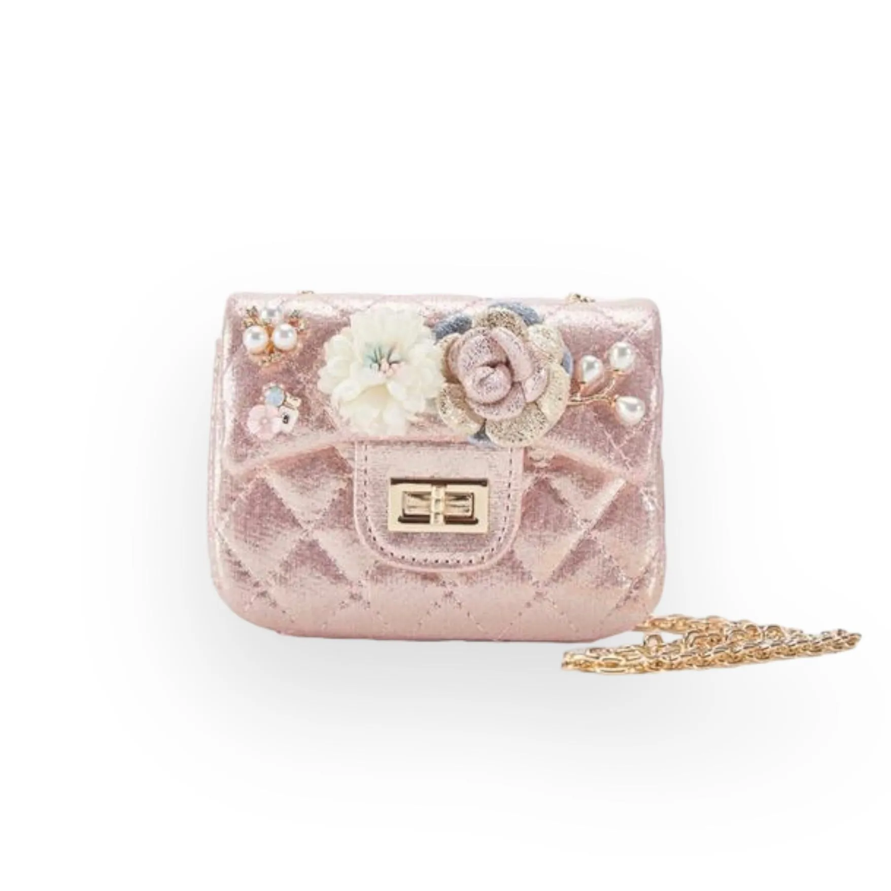 Floral Shiny Quilted Purse - Pink