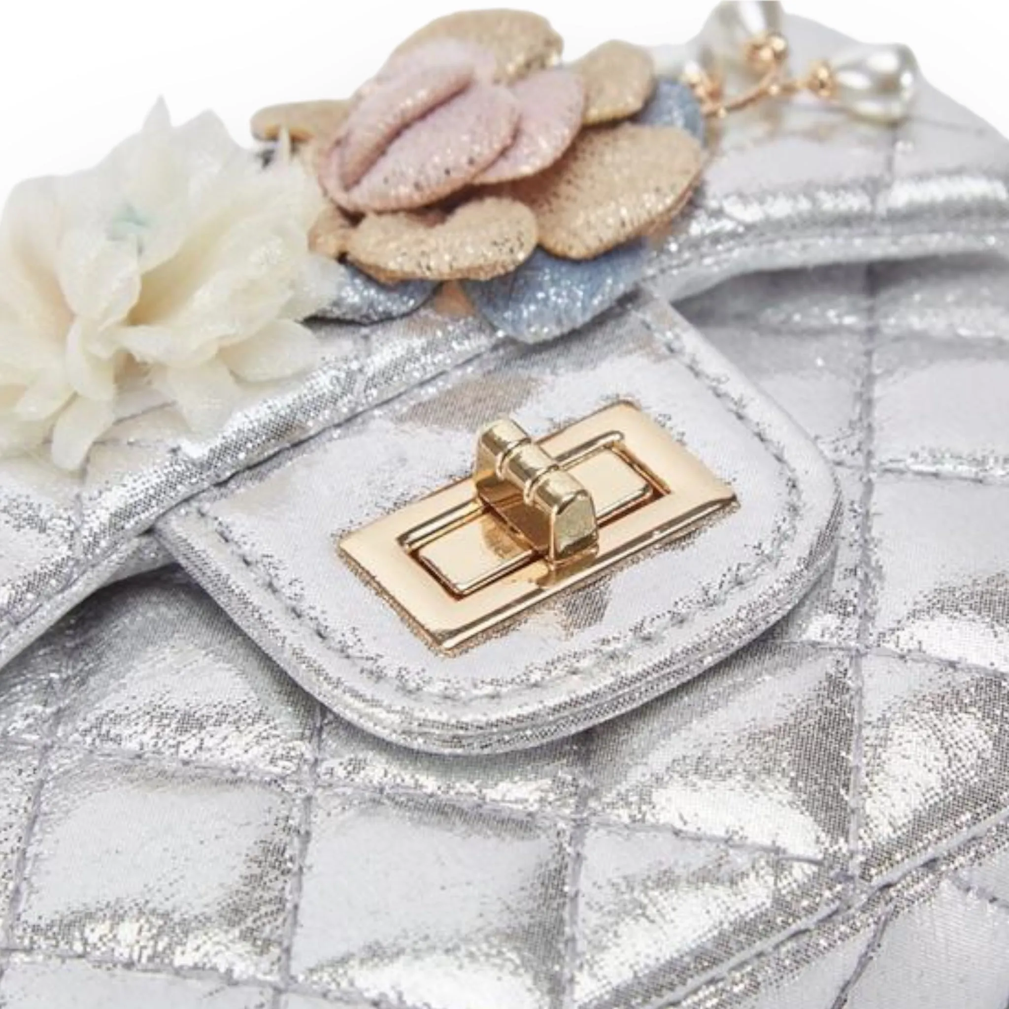 Floral Shiny Quilted Purse - Silver