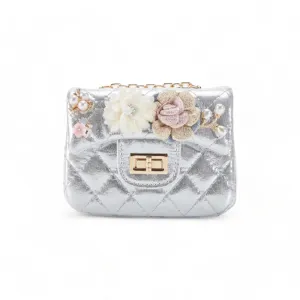 Floral Shiny Quilted Purse - Silver