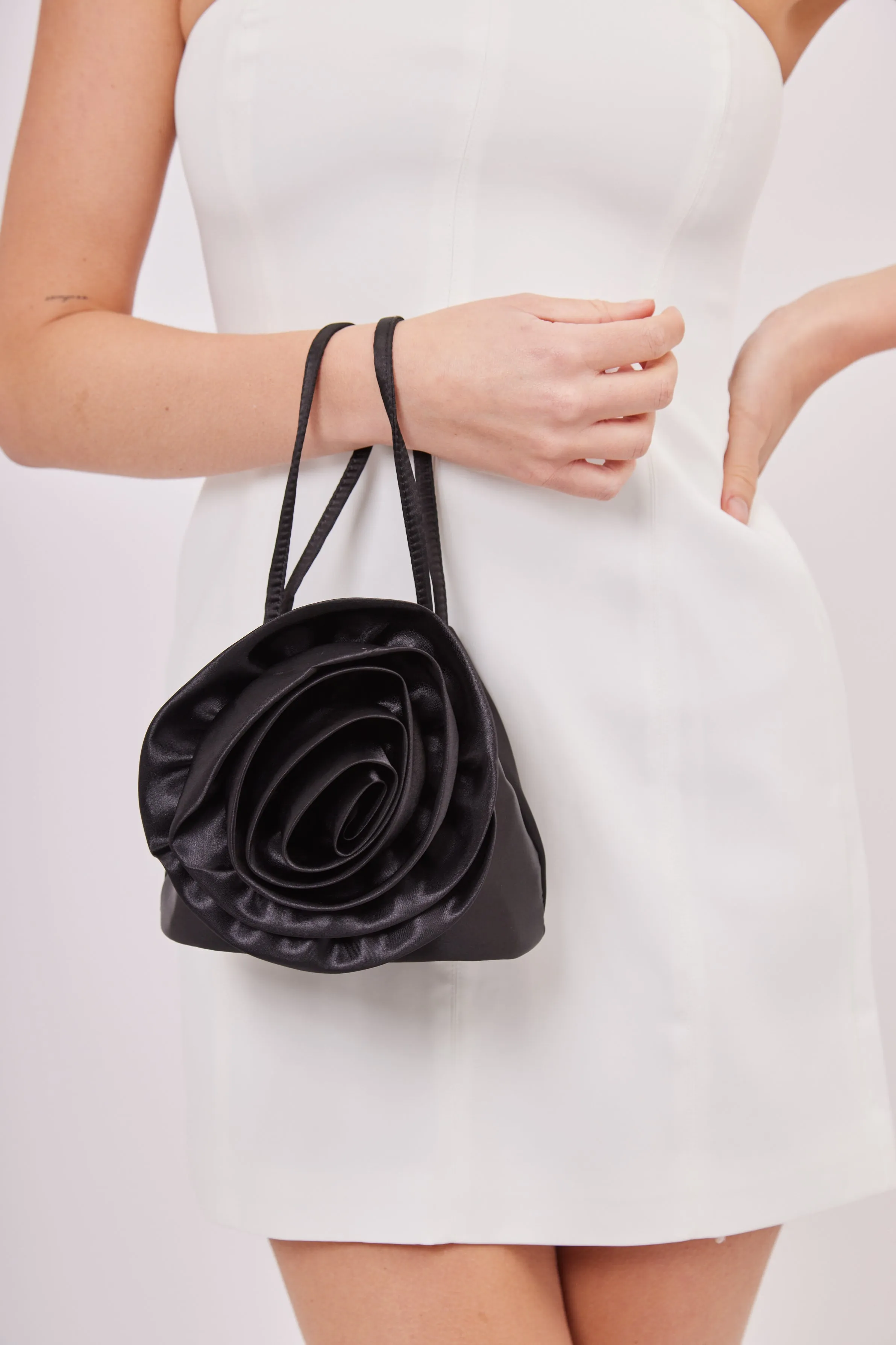 Flower Satin Bag in Black