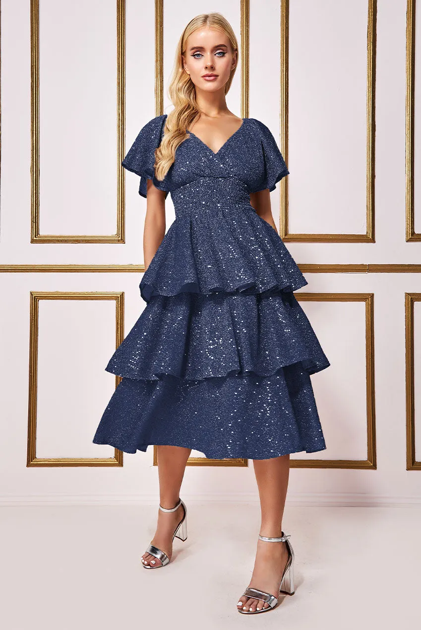 Goddiva Sequin Lurex Tiered Midi Dress - Navy