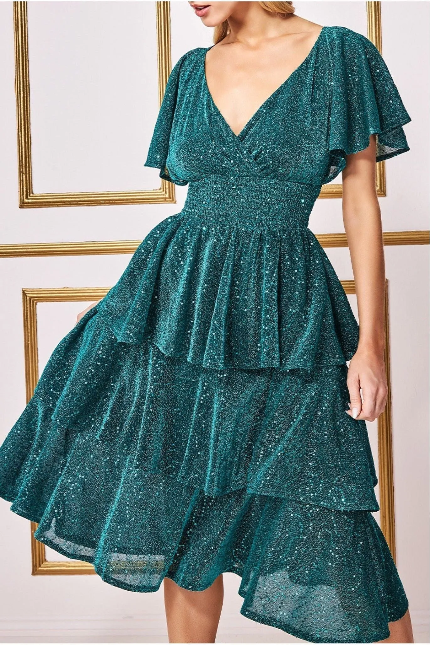 Goddiva Sequin Lurex Tiered Midi Dress - Teal Blue