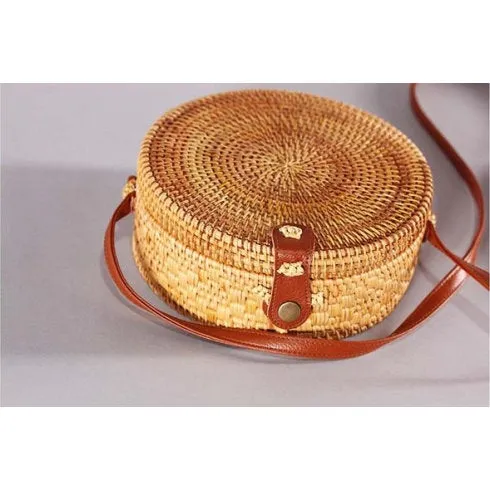 Handmade Boho Bohemian Bali Round Straw Rattan Clutch Shoulder Crossbody Messenger Satchel Beach Handbag Bag - Wicker Bag - Eco Vegan Bag