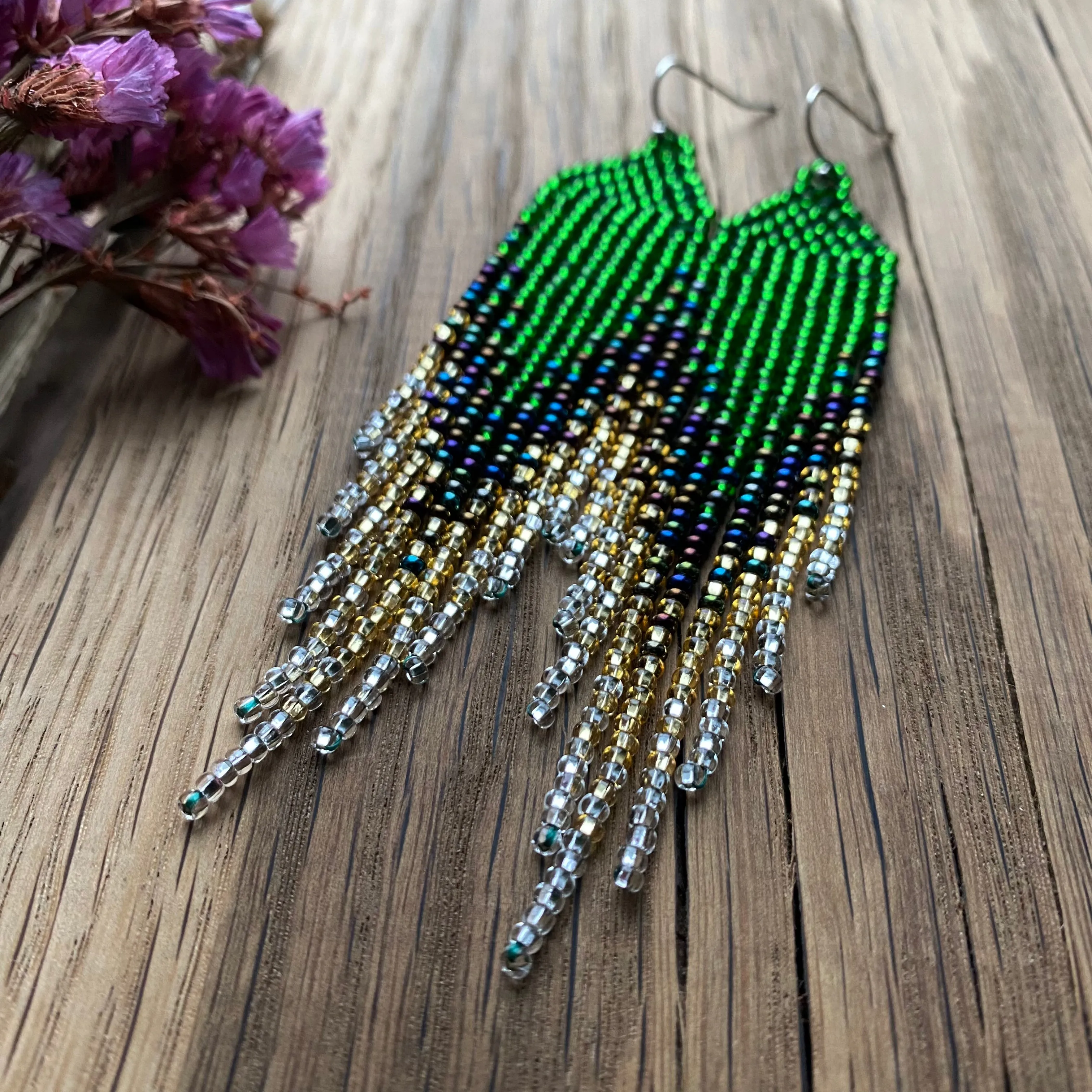 Handmade Ombré Seed Beaded fringe Chandelier Earrings for Women in boho hippie style