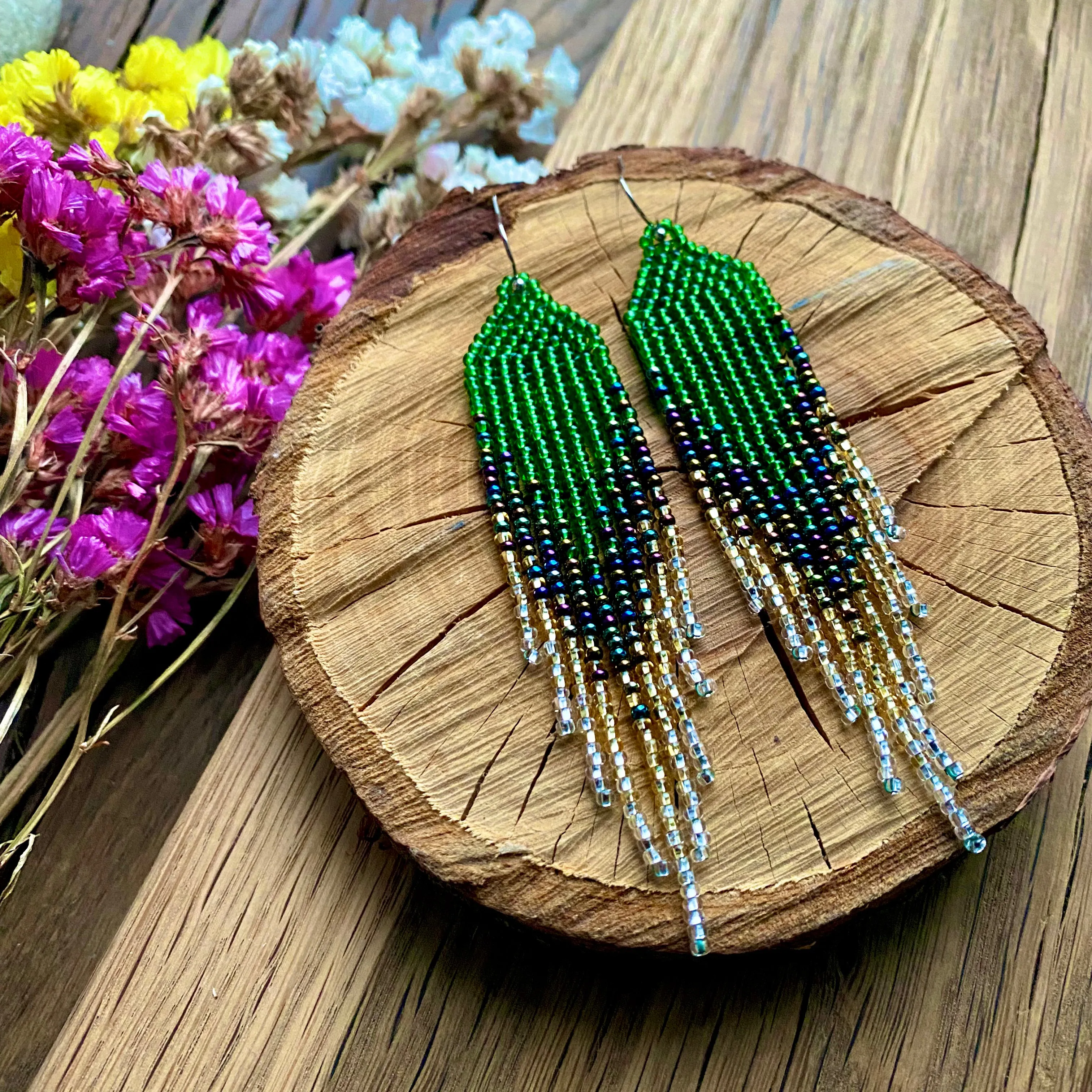 Handmade Ombré Seed Beaded fringe Chandelier Earrings for Women in boho hippie style