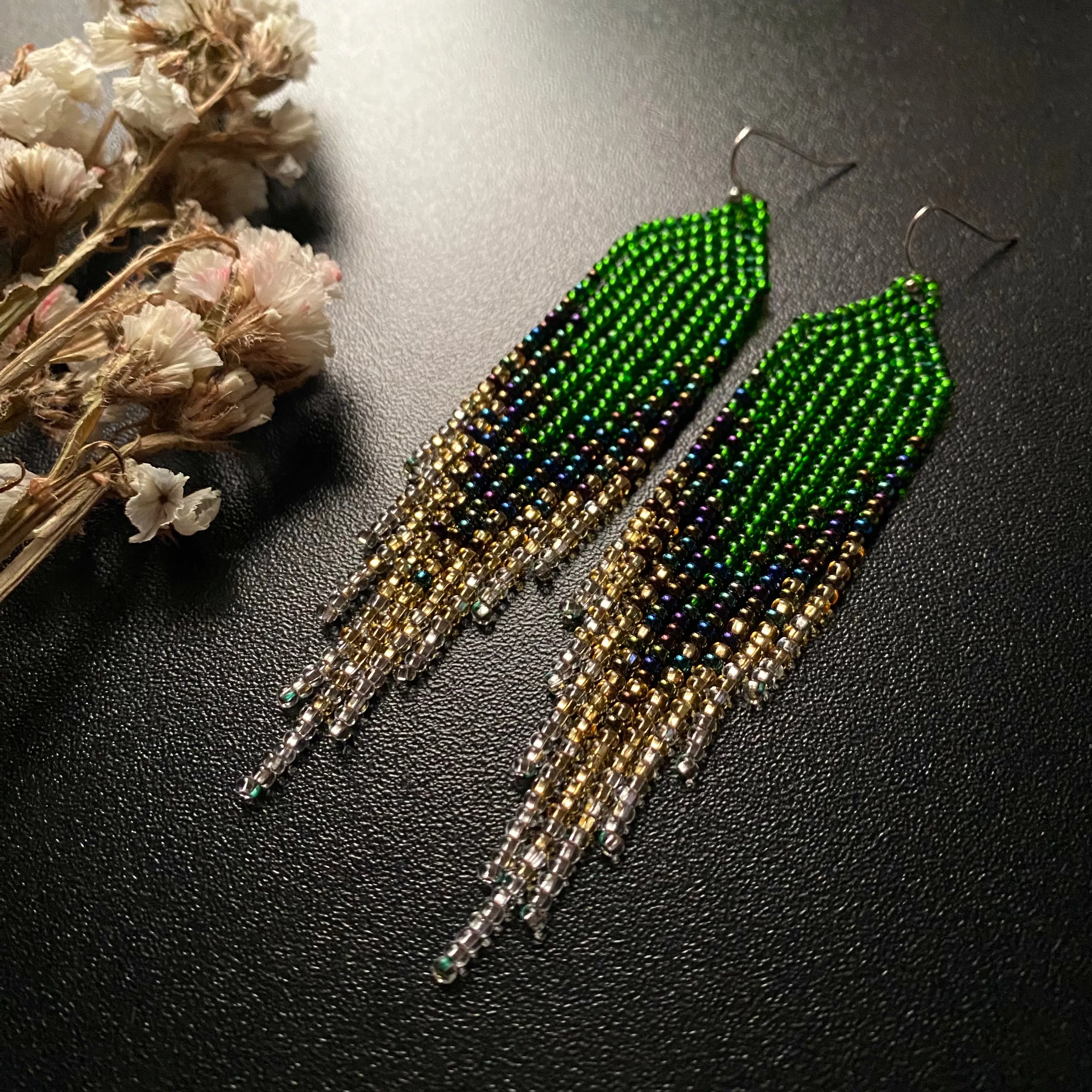 Handmade Ombré Seed Beaded fringe Chandelier Earrings for Women in boho hippie style