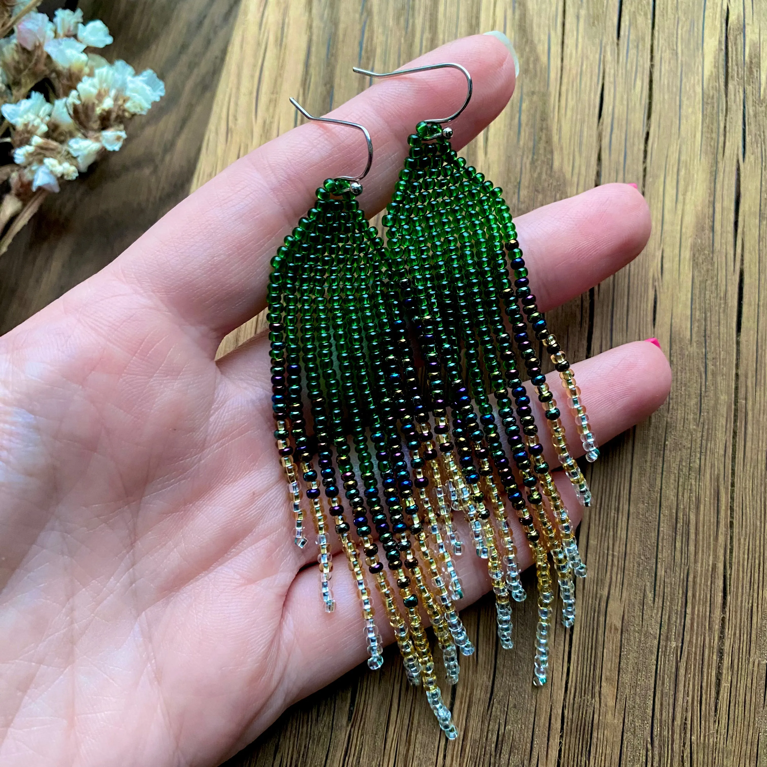 Handmade Ombré Seed Beaded fringe Chandelier Earrings for Women in boho hippie style