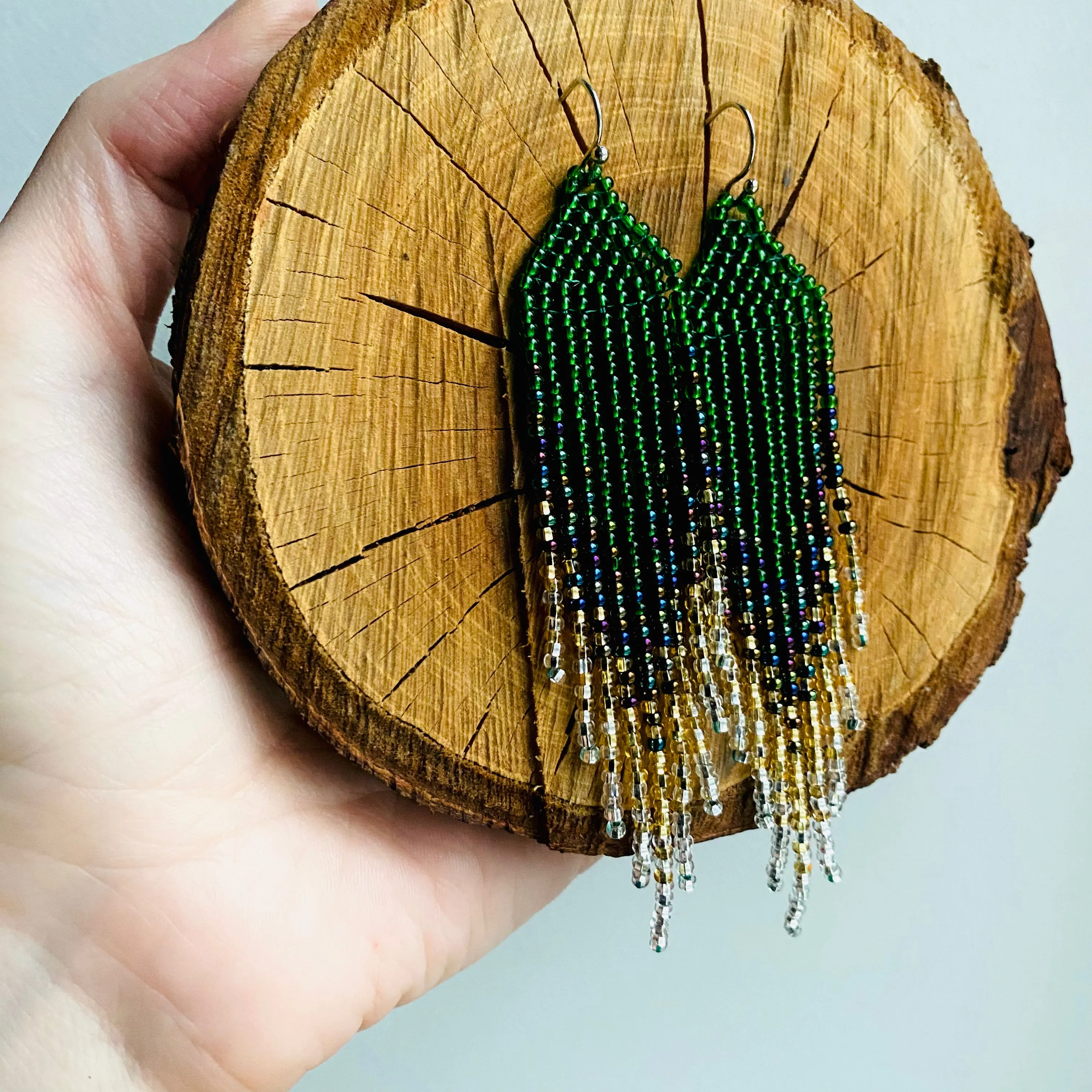 Handmade Ombré Seed Beaded fringe Chandelier Earrings for Women in boho hippie style