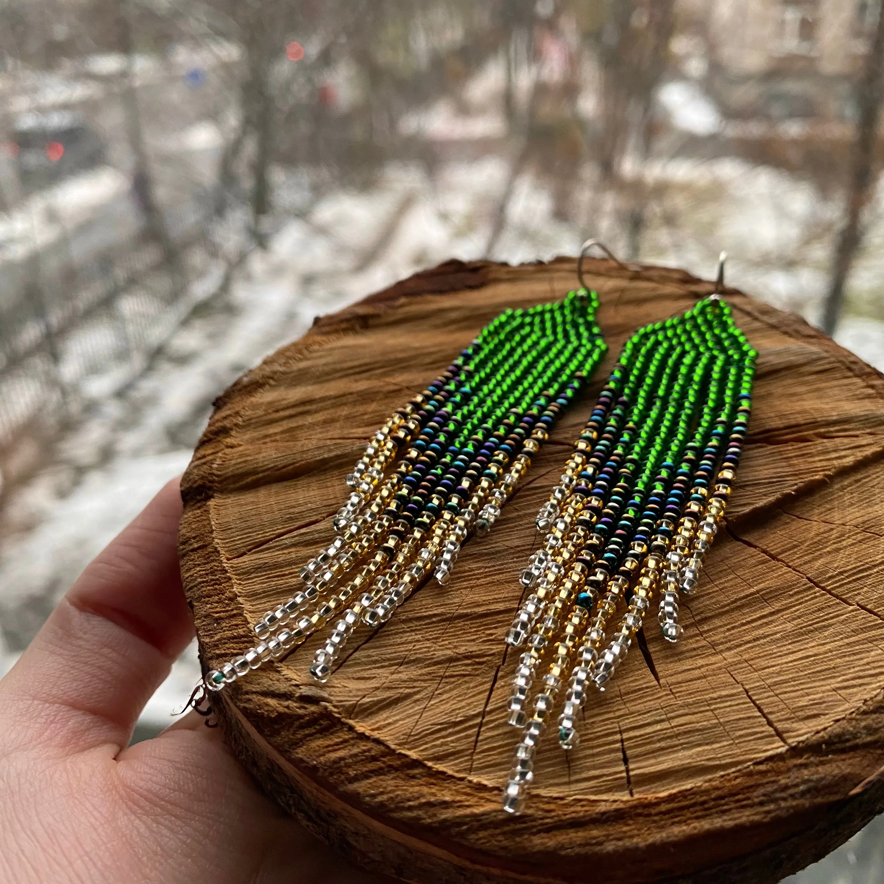 Handmade Ombré Seed Beaded fringe Chandelier Earrings for Women in boho hippie style