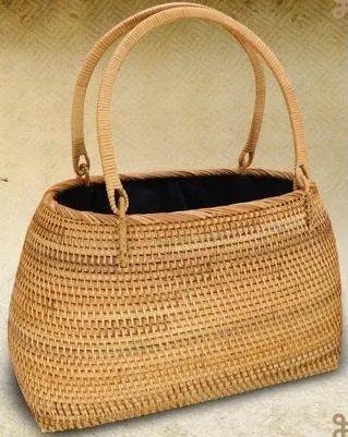 Handmade Rattan Wicker Serving Basket, Small Vintage Woven Handbag