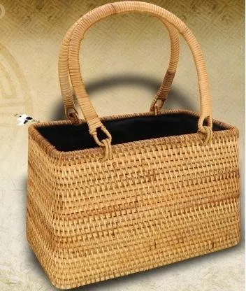 Handmade Rattan Wicker Serving Basket, Small Vintage Woven Handbag