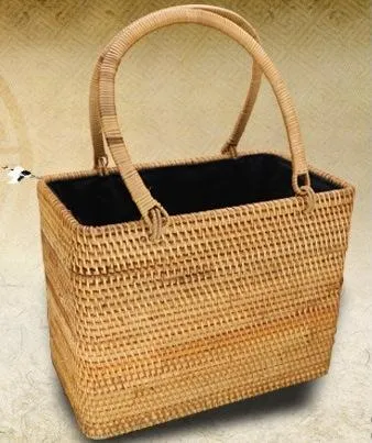 Handmade Rattan Wicker Serving Basket, Small Vintage Woven Handbag