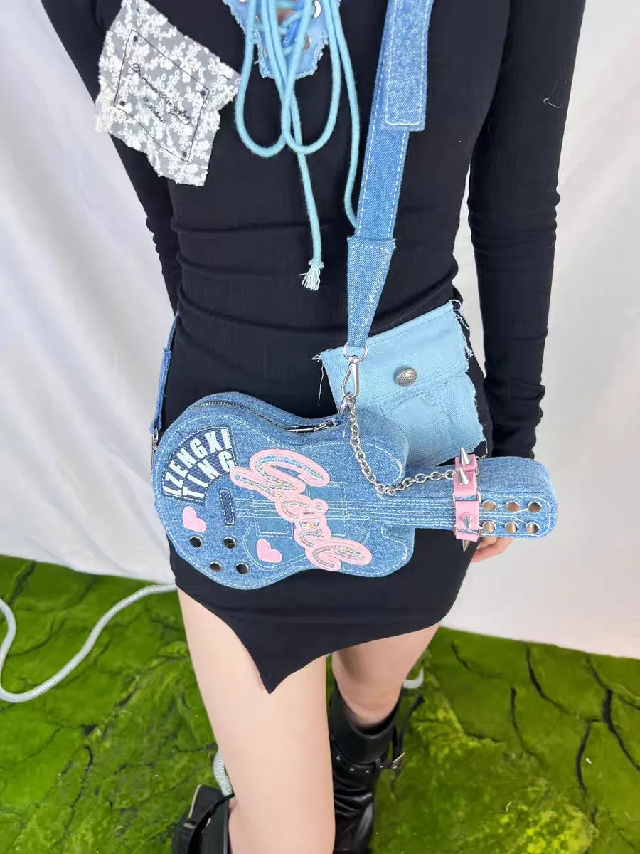 Hot Spice Girl Stereo Guitar Sequins Embroidered Denim Messenger Bag