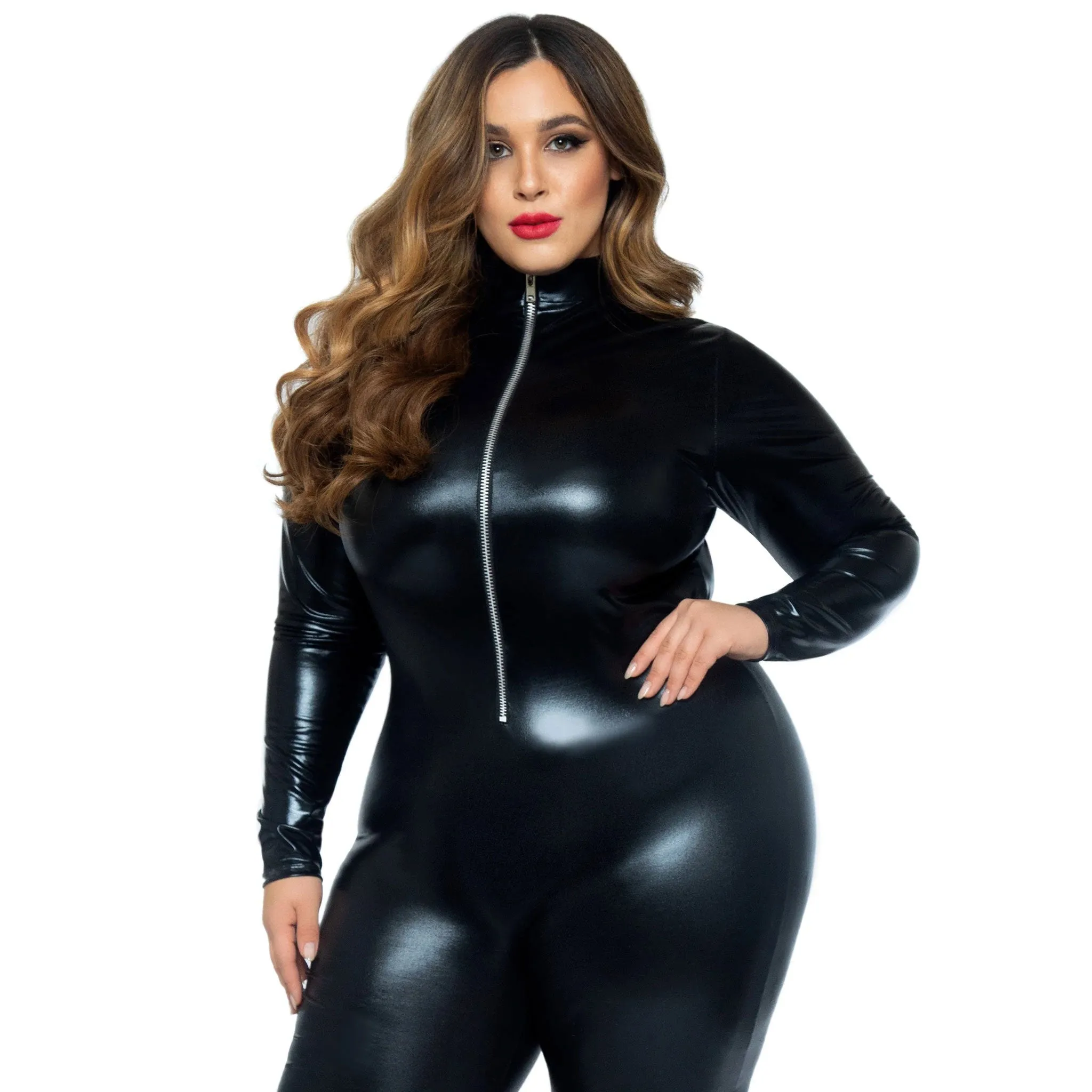 Lamé Wet Look Leather Catsuit Zipper Front - 1x/2x - Black