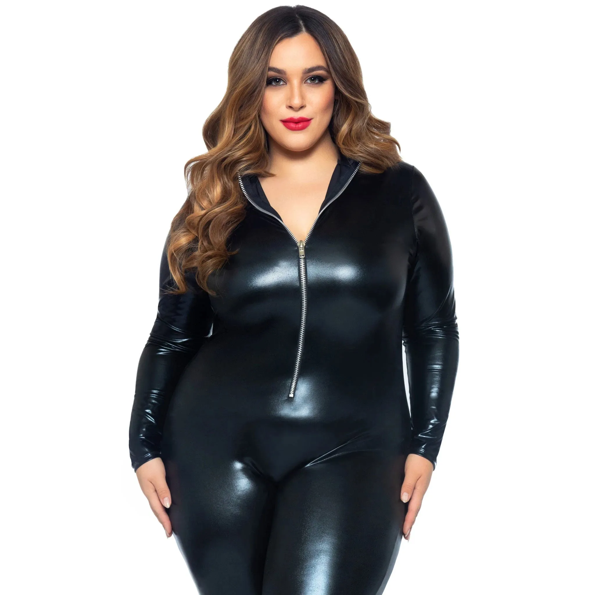 Lamé Wet Look Leather Catsuit Zipper Front - 1x/2x - Black