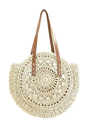 MAIRO LIFESTYLE Straw Wicker Handmade Boho Summer Beach Round Shoulder Bag (Beige - Flower)